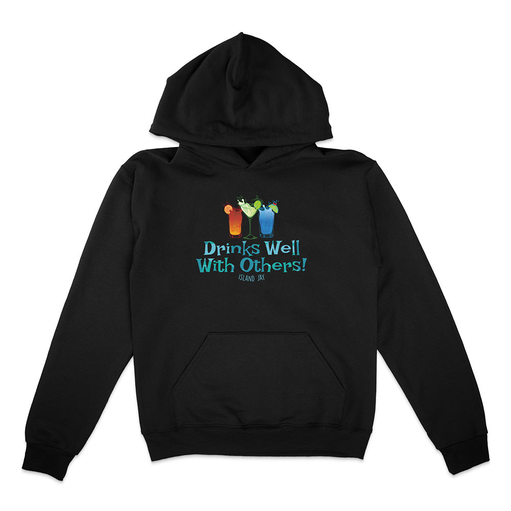 Black hoodie with colorful graphic and text 'Drinks Well With Others!' on a white background