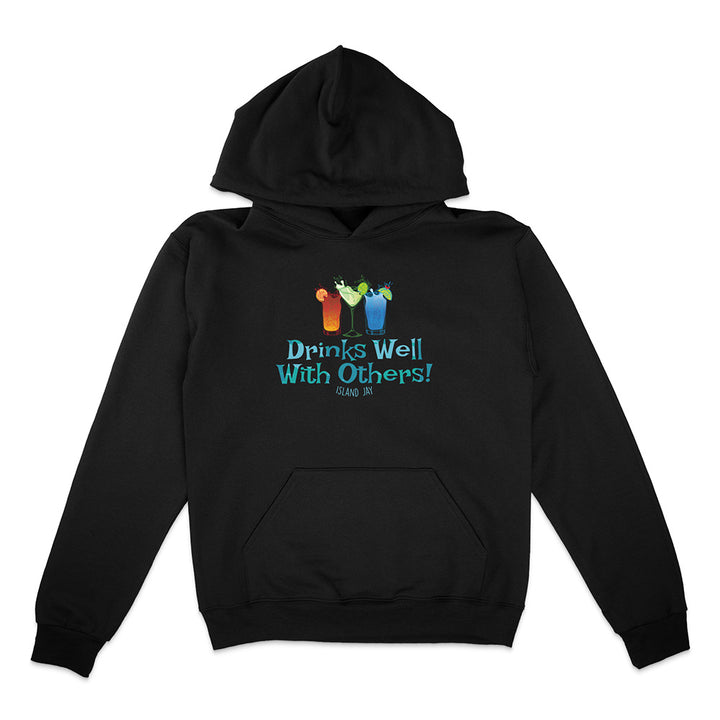 Black hoodie with colorful graphic and text 'Drinks Well With Others!' on a white background