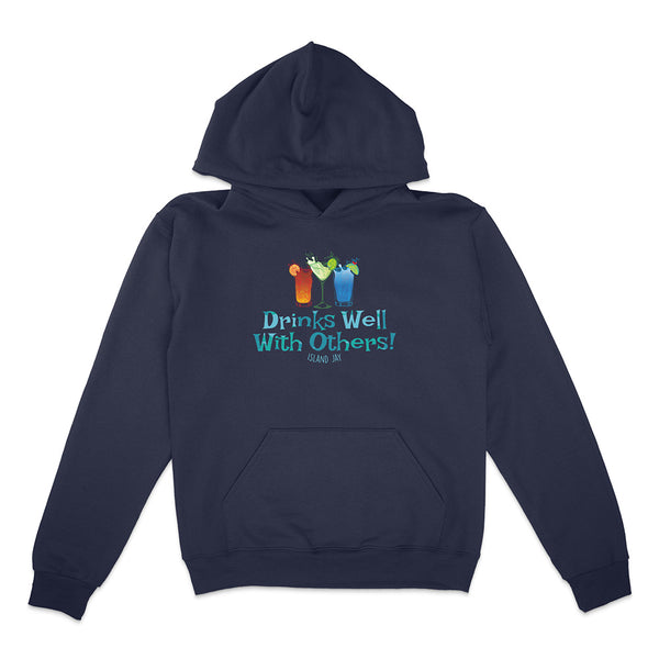 Navy blue hoodie with 'Drinks Well With Others' text and graphic on a white background