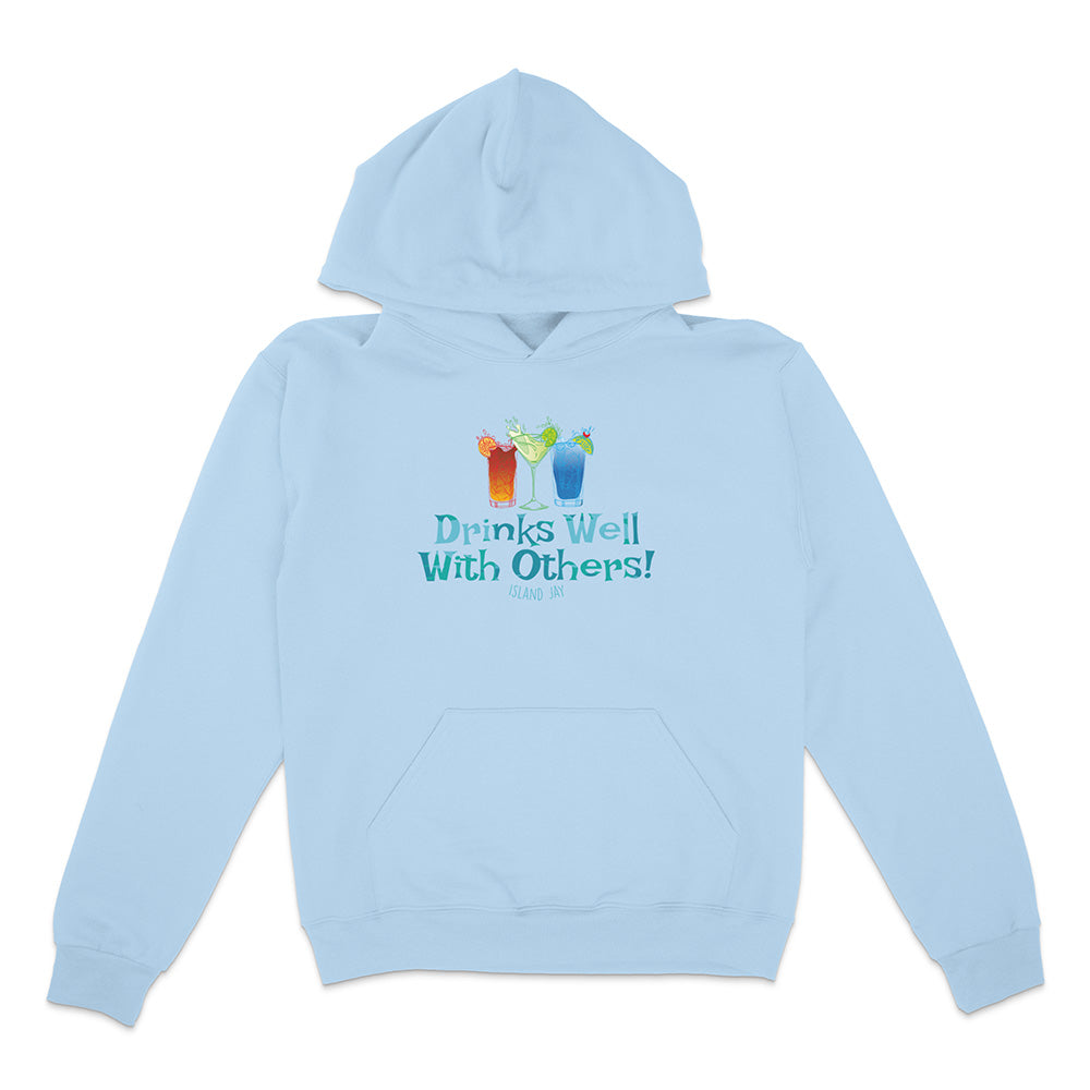 Light blue hoodie with text and graphics on a white background
