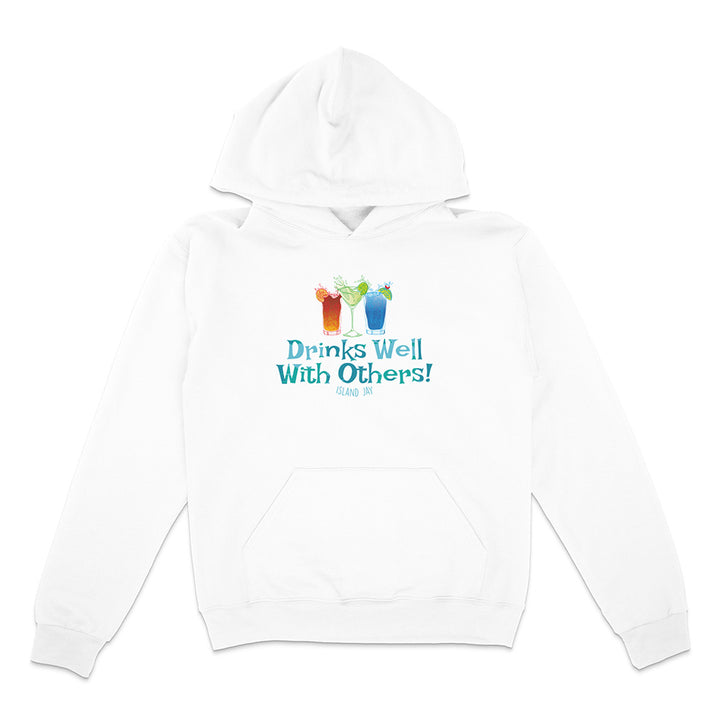White hoodie with 'Drinks Well With Others' text and graphics on a white background