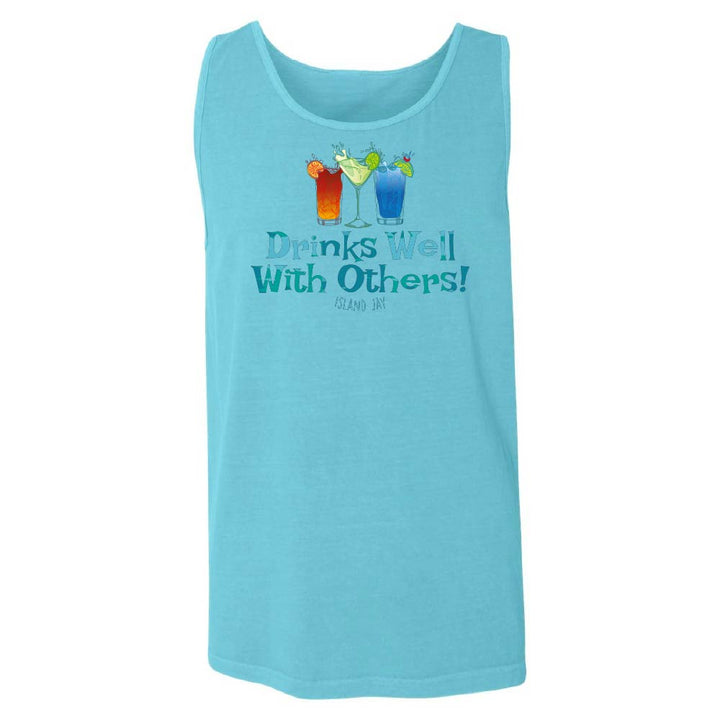 Blue tank top with colorful drink graphics and "Drinks Well With Others" text.