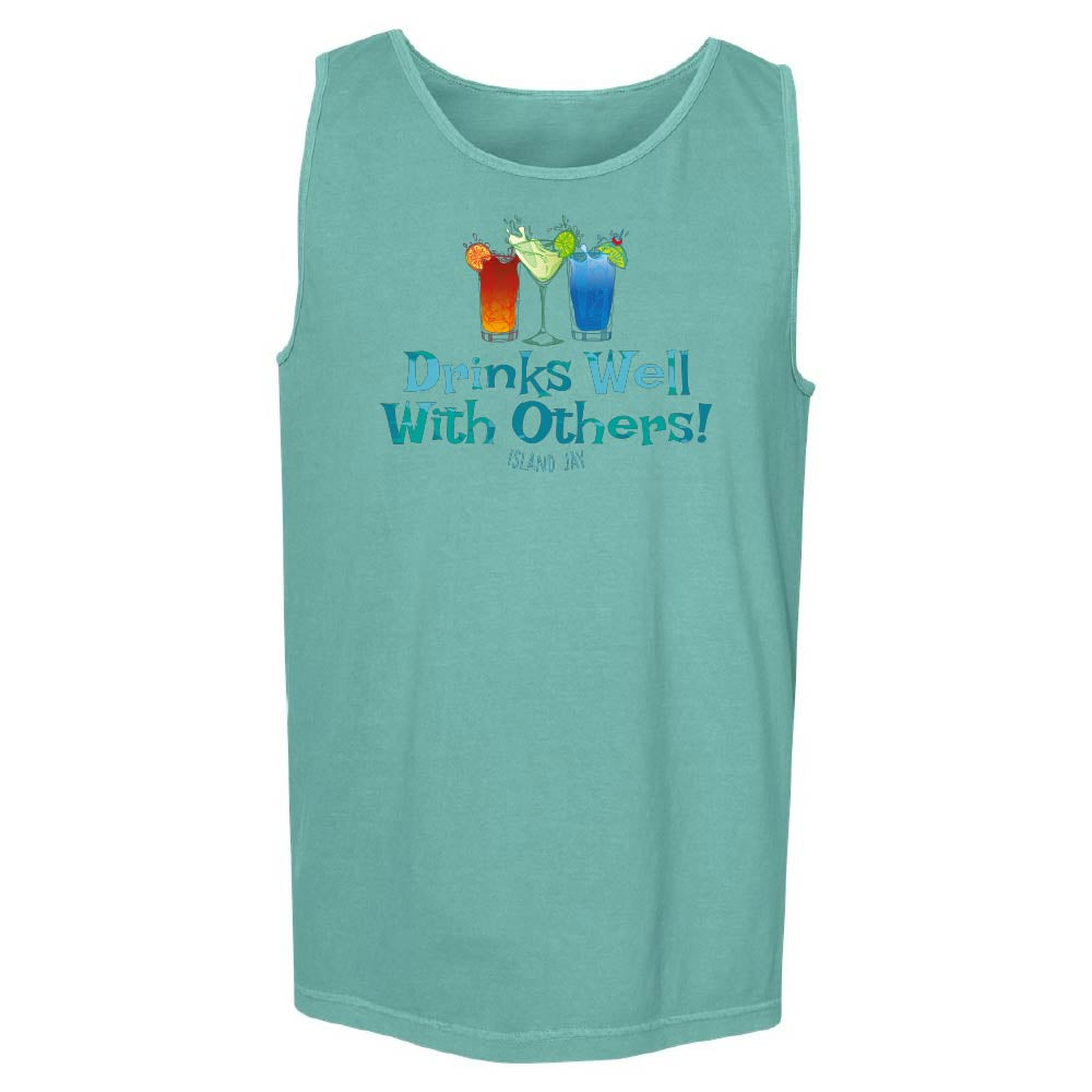 Teal tank top with colorful drink graphics and "Drinks Well With Others" text.