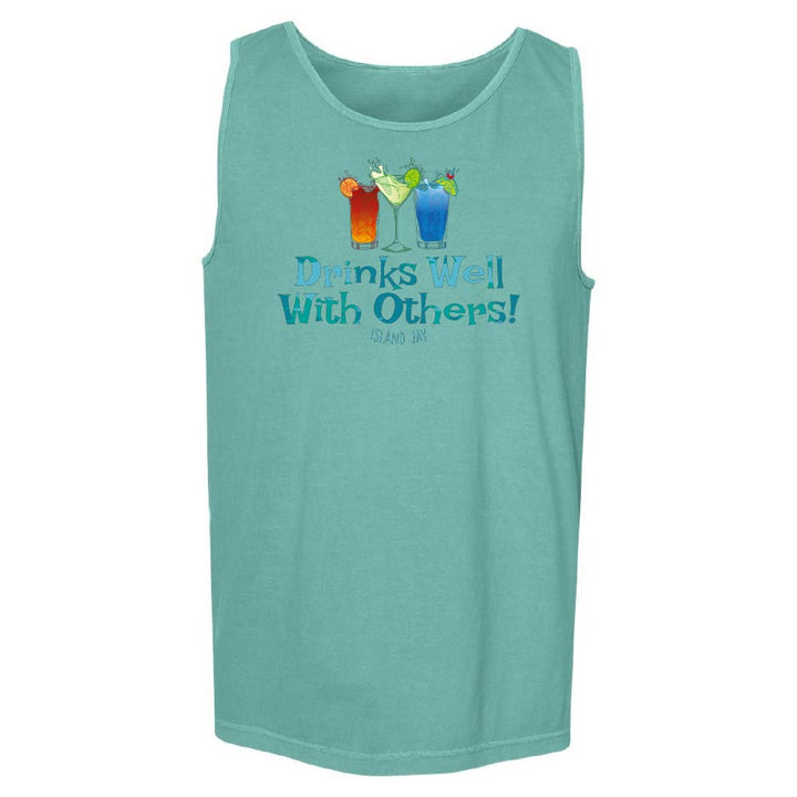 Teal tank top with colorful drink graphics and "Drinks Well With Others" text.