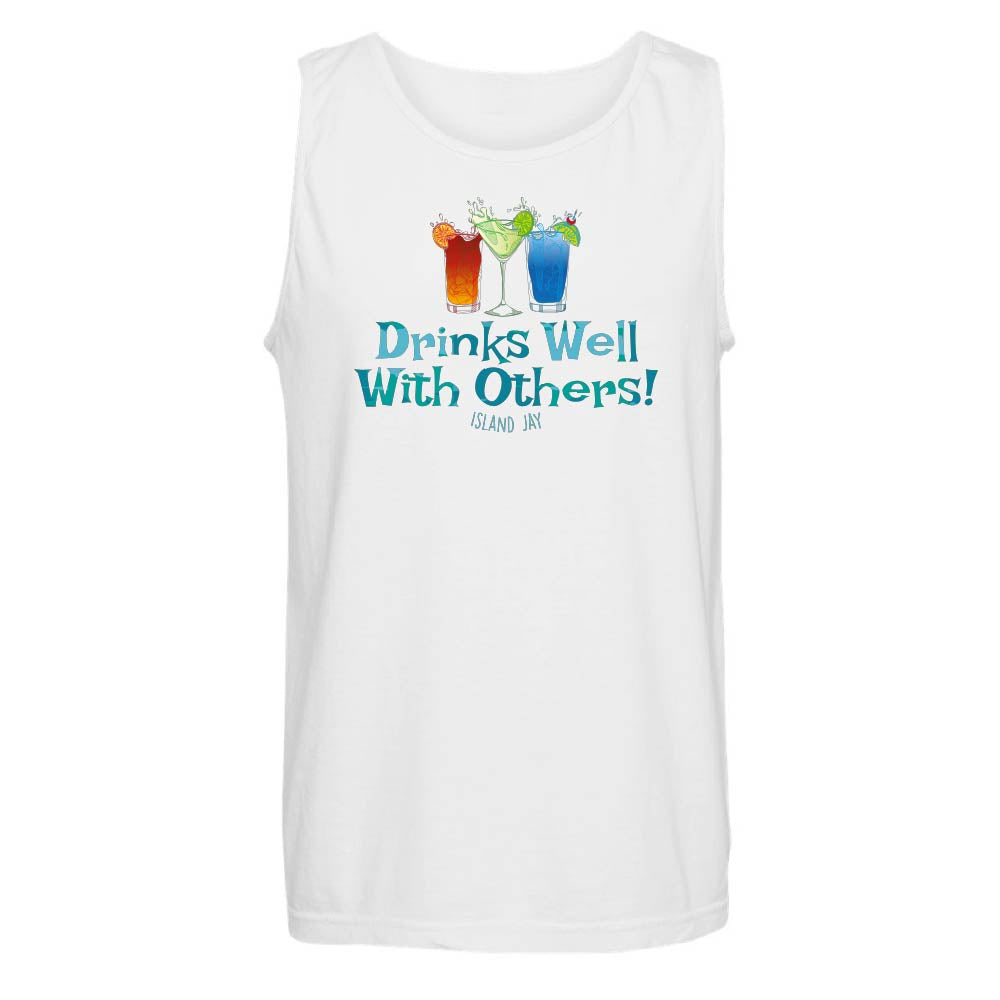White tank top with colorful drink graphics and "Drinks Well With Others" text.