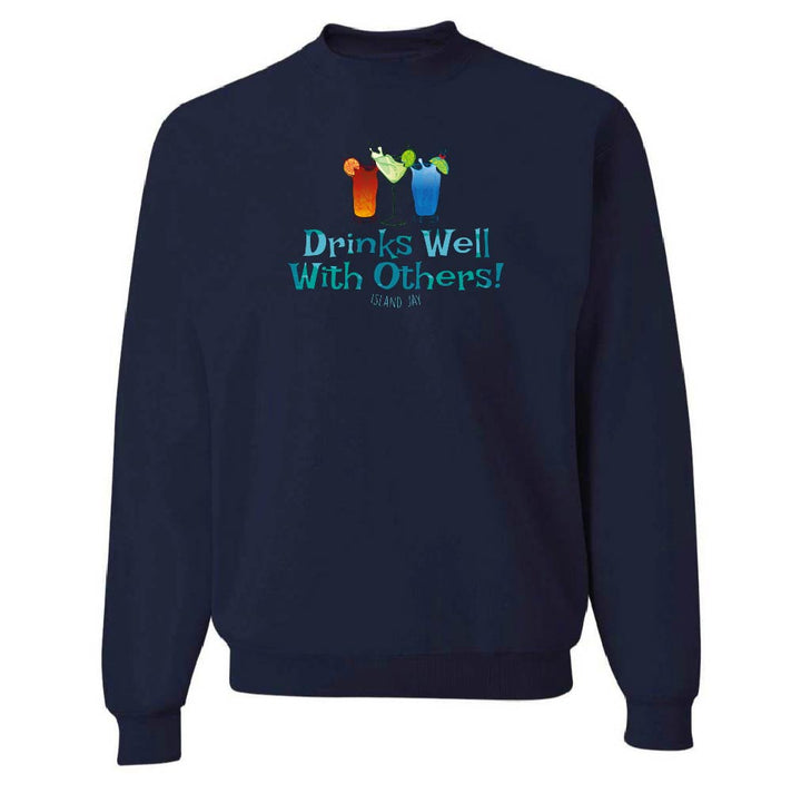 Navy blue sweatshirt with colorful graphics and text on a white background
