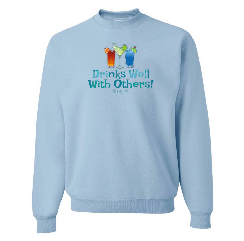 Light blue sweatshirt with colorful drink graphics and text on a white background