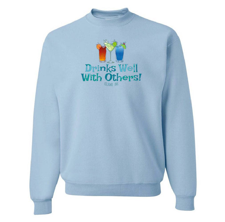 Light blue sweatshirt with colorful drink graphics and text on a white background