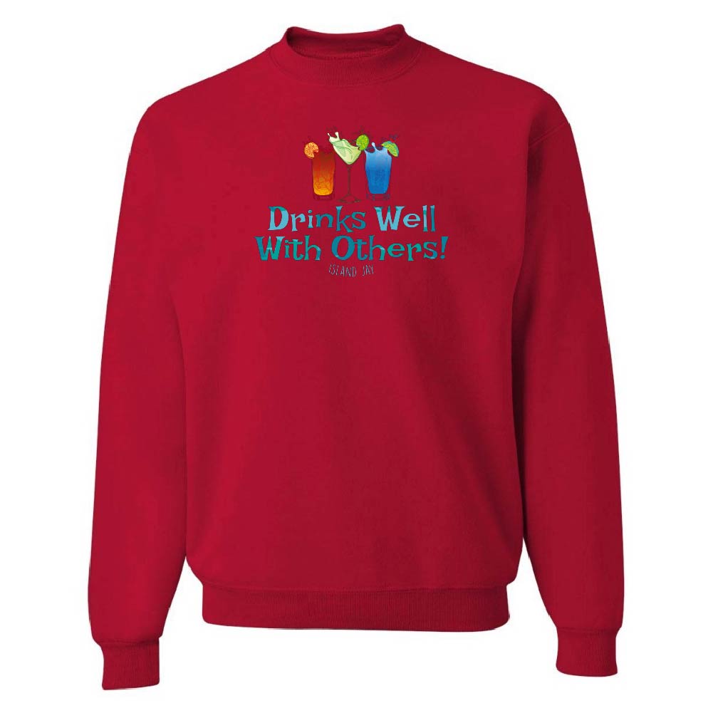 Red sweatshirt with colorful graphic and text 'Drinks Well With Others!' on a white background