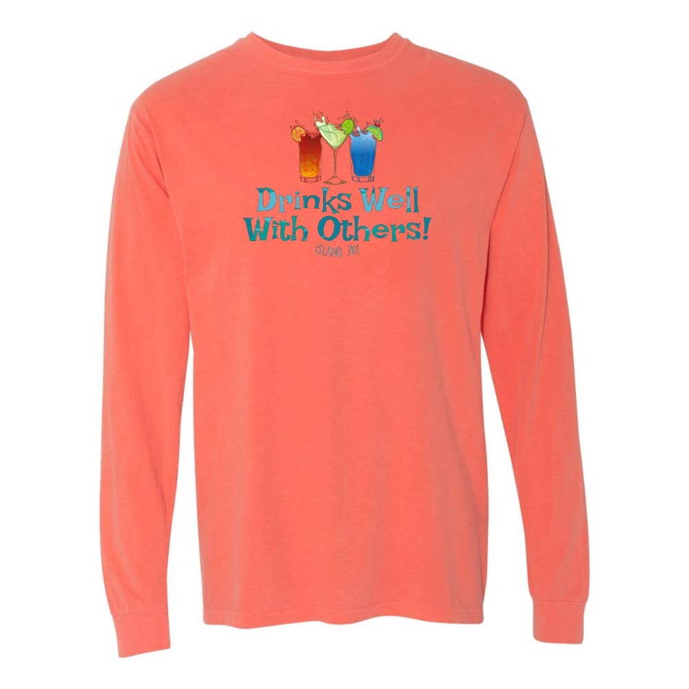 Orange long sleeve T-shirt with mixed drinks graphic and text reading "Drinks Well With Others!"