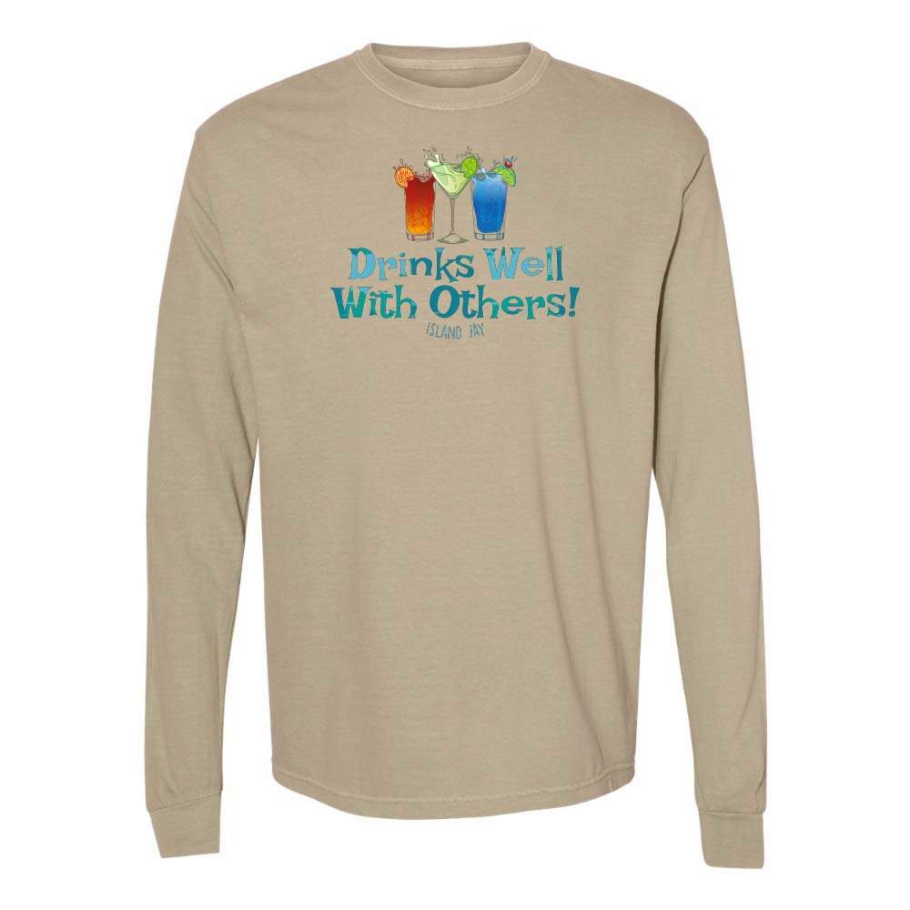 Khaki long sleeve T-shirt with mixed drinks graphic and text reading "Drinks Well With Others!"