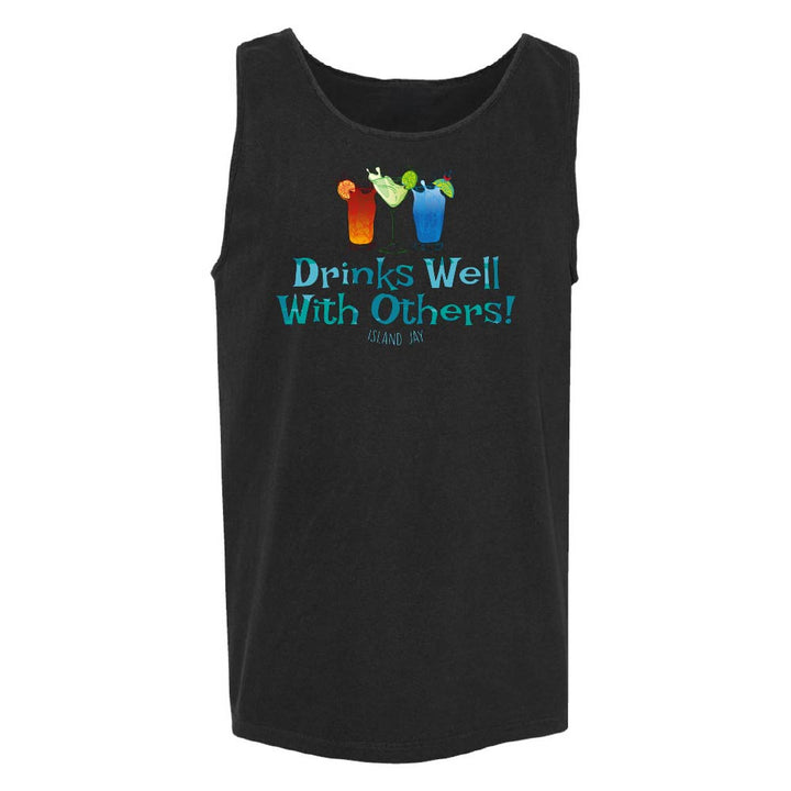 Black tank top with colorful drink graphics and text on a white background