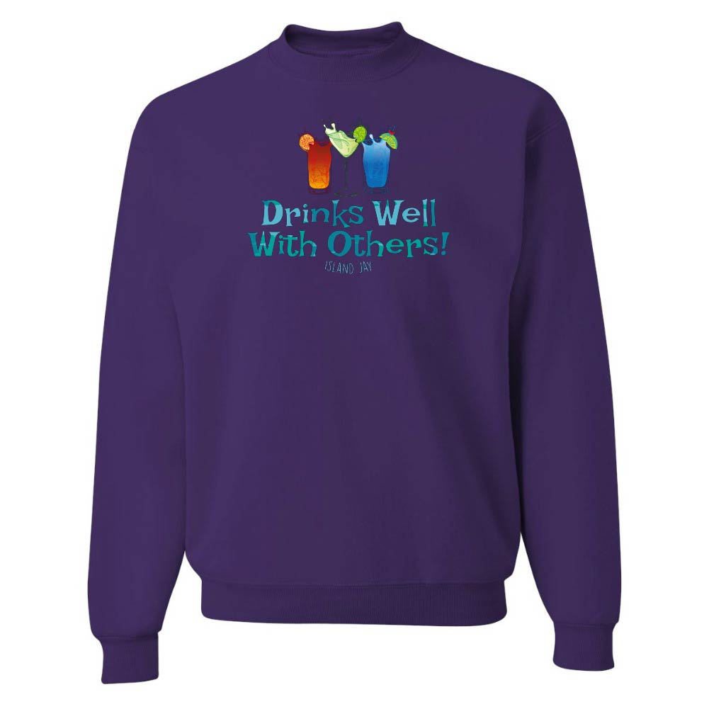 Purple sweatshirt with 'Drinks Well With Others!' text and drink graphics on a white background