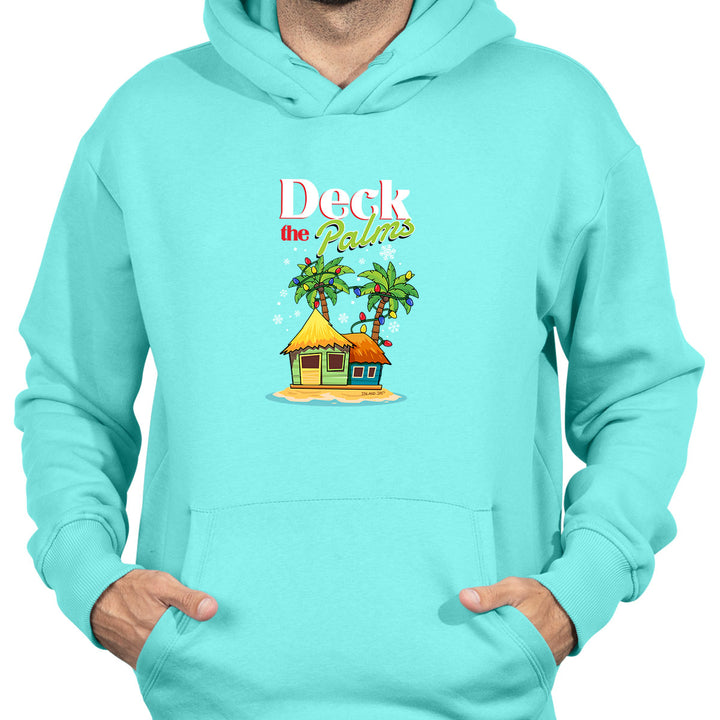 Deck the Palms Hoodie - Our beach hodies are warm, soft, and graphic prints are vivid - Cool Mint With Model