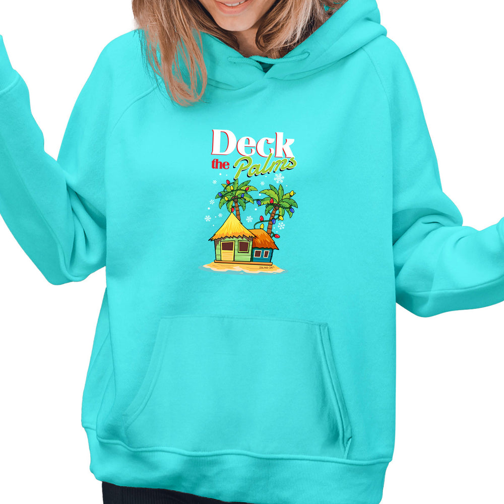 Deck the Palms Hoodie - Our beach hodies are warm, soft, and graphic prints are vivid - Scuba Blue Model
