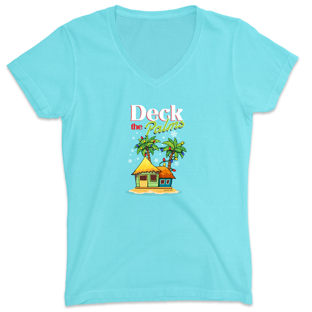 Women's Beach Tee featuring Deck The Palms Christmas Holiday Design. Featuring a beach house with palm trees decorated with Christmas lights - Aqua Bllue