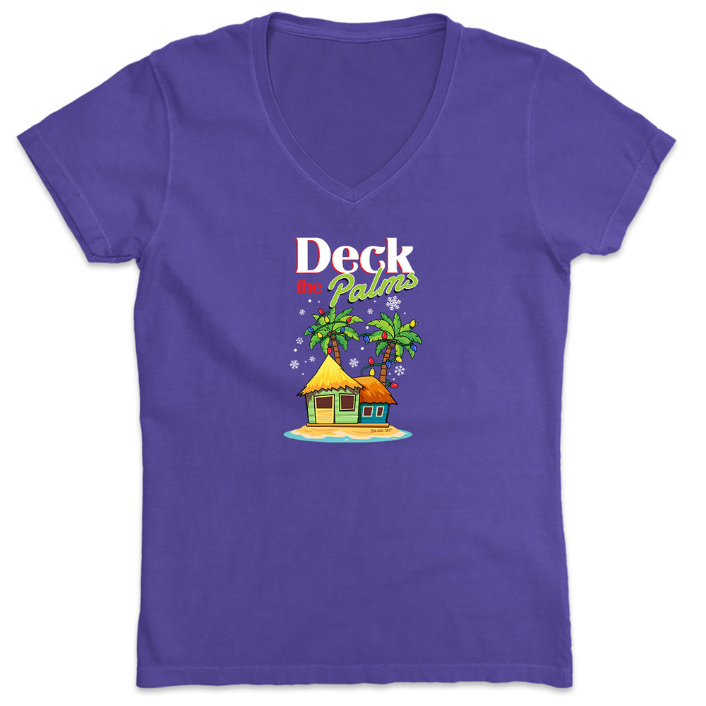 Women's Beach Tee featuring Deck The Palms Christmas Holiday Design. Featuring a beach house with palm trees decorated with Christmas lights - Purple