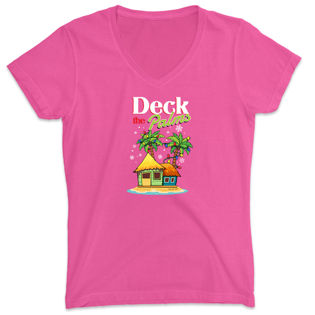 Women's Beach Tee featuring Deck The Palms Christmas Holiday Design. Featuring a beach house with palm trees decorated with Christmas lights - Hot Pink