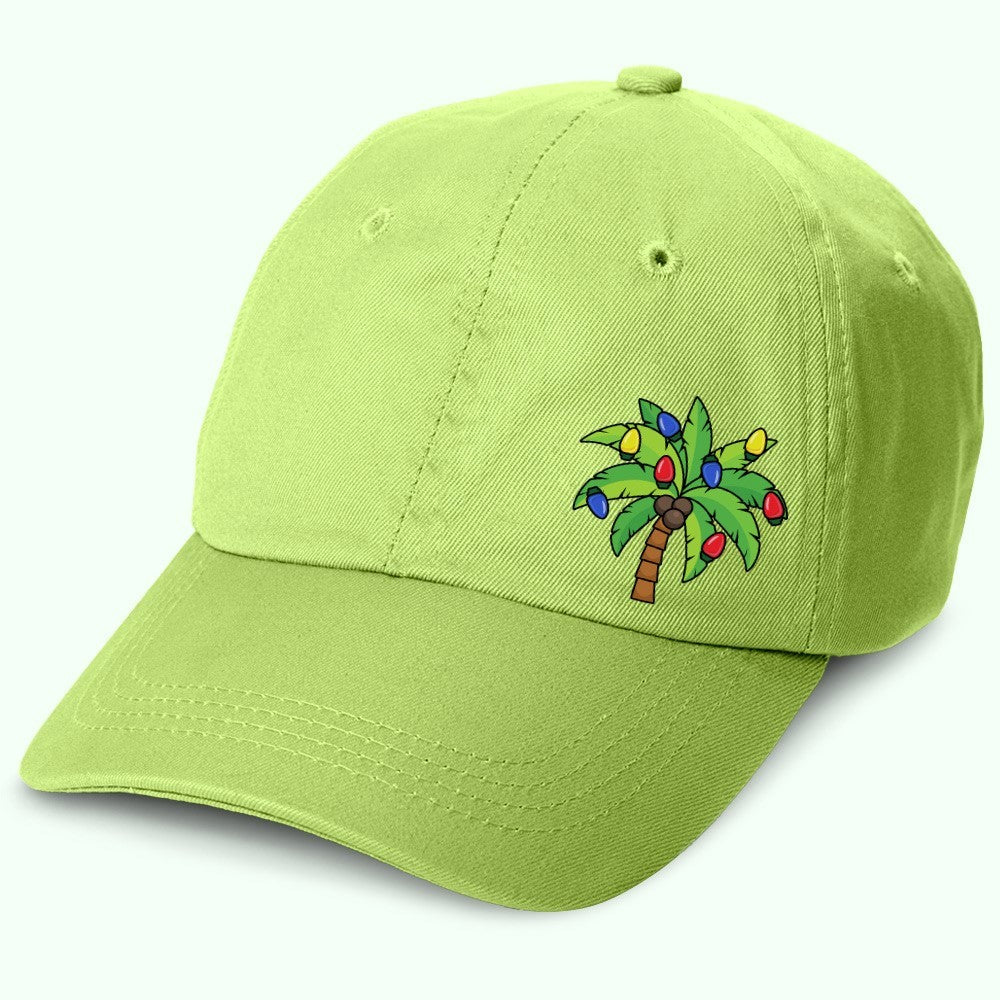 Deck The Palms Holiday Hat. Has a palm tree with Christmas lights Green Lime Color