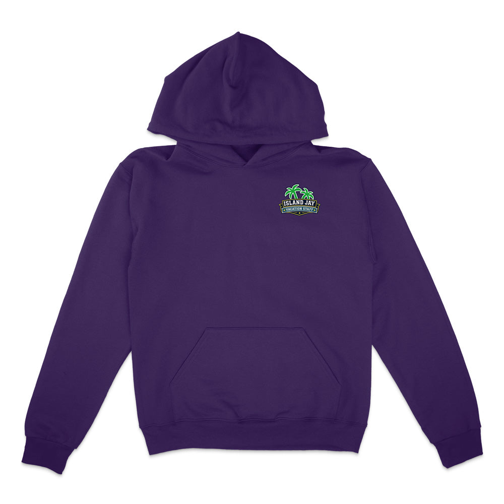 A purple pullover hoodie shown from the back, featuring a colorful graphic print that reads 'ISLAND JAY VACATION STAFF BEVERAGE RESEARCHER OFFICER' with tropical illustrations including a coconut, drink, and palm trees.