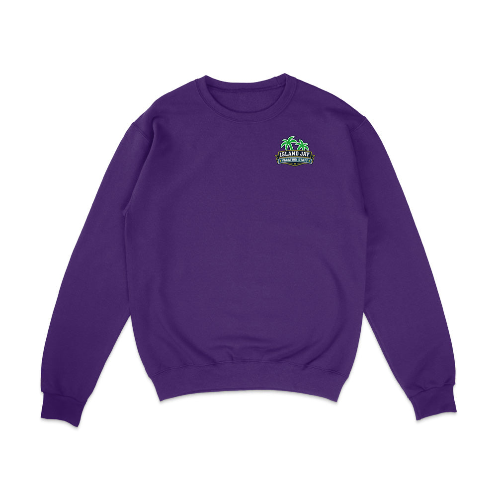 A purple crewneck sweatshirt with a small green and white graphic on the left chest featuring palm trees and the text 'I LOVE LA & CALIFORNIA'.