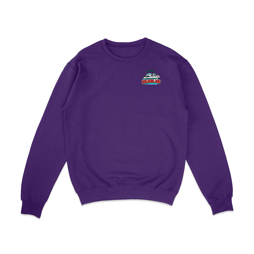 A purple crewneck sweatshirt with a small graphic of a boat and the text 'SUNSET BOATS' on the left chest, displayed on a clean white background.