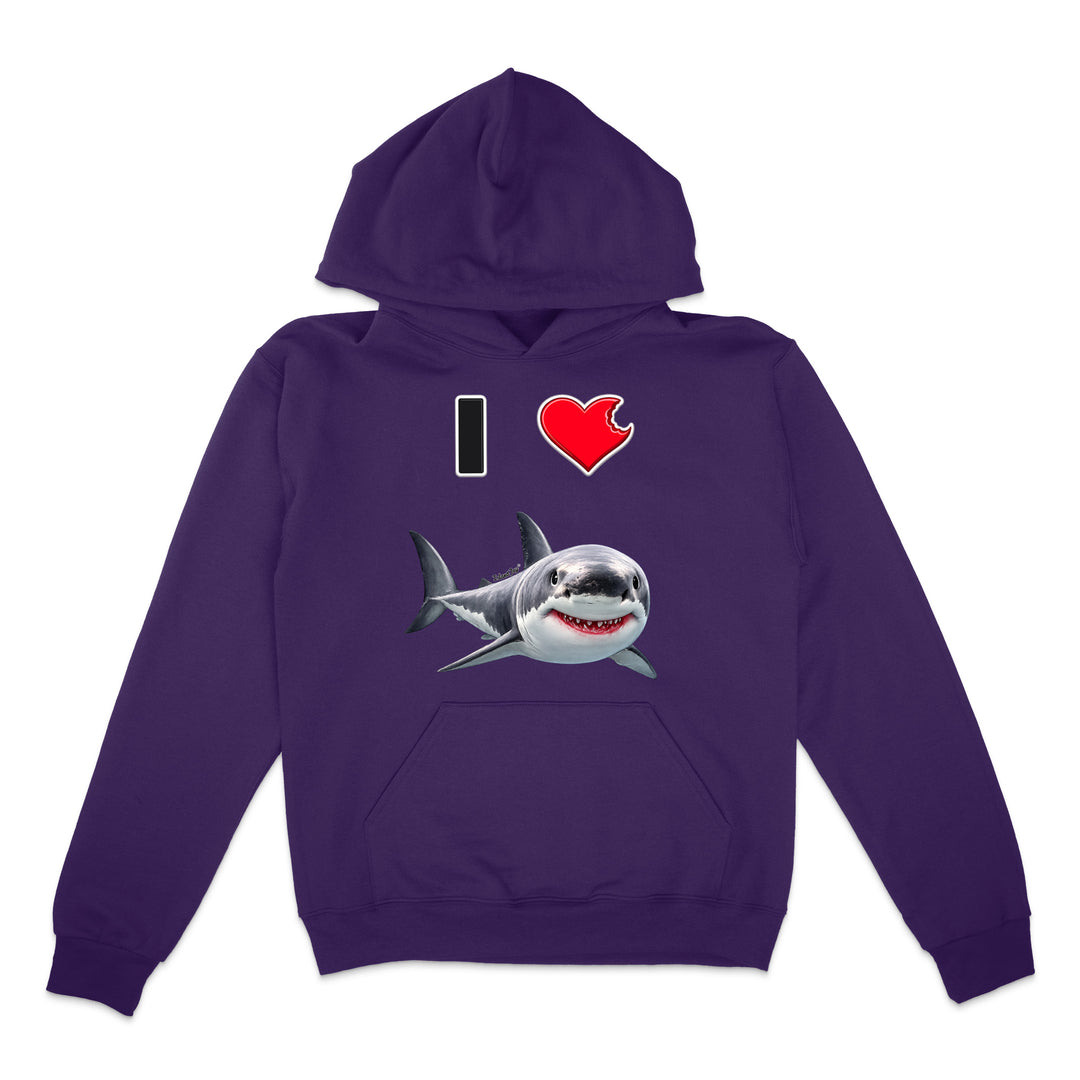 A purple hoodie with a graphic print on the front showing a black and white shark below a red heart and the text 'I' in black, displayed on a solid white background.