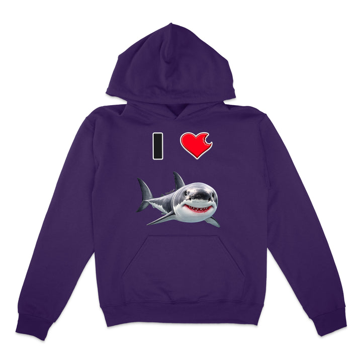 A purple hoodie with a graphic print on the front showing a black and white shark below a red heart and the text 'I' in black, displayed on a solid white background.