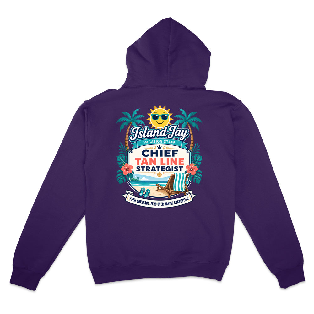A purple pullover hoodie shown from the back, featuring a colorful graphic print with a sun, palm trees, and a beach chair. The text in the graphic reads 'IslandJays' and 'CHIEF TAN LINE STRATEGIST'.