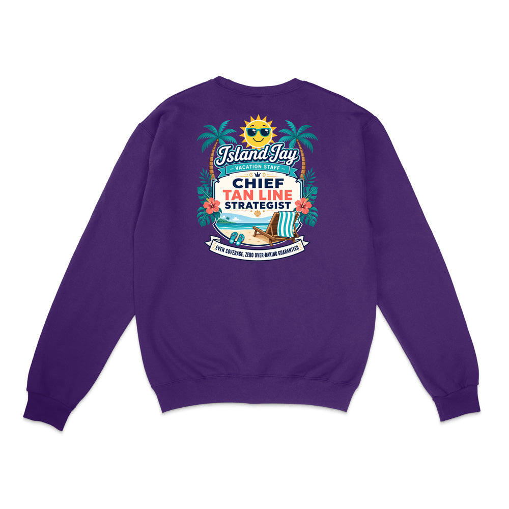 A purple crewneck sweatshirt shown from the back, featuring a colorful graphic print with palm trees, a sun, and text that reads 'Island Jay' and 'CHIEF TAN LINE STRATEGIST'.