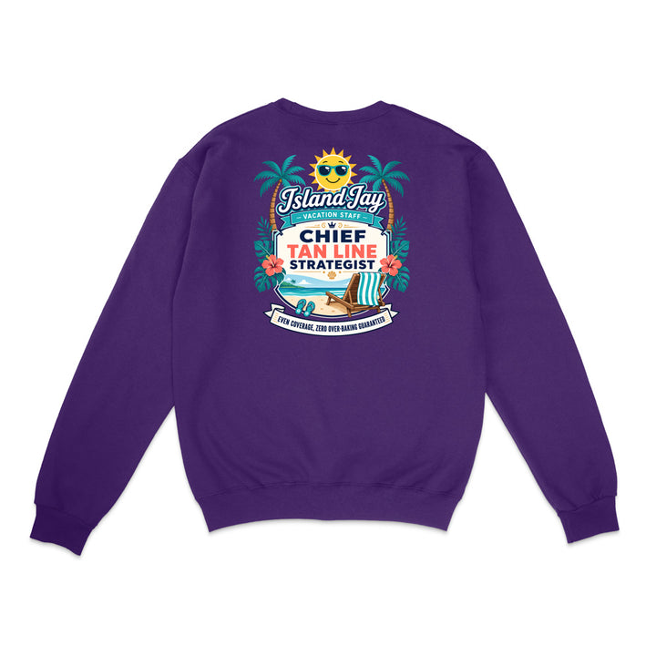 A purple crewneck sweatshirt shown from the back, featuring a colorful graphic print with palm trees, a sun, and text that reads 'Island Jay' and 'CHIEF TAN LINE STRATEGIST'.