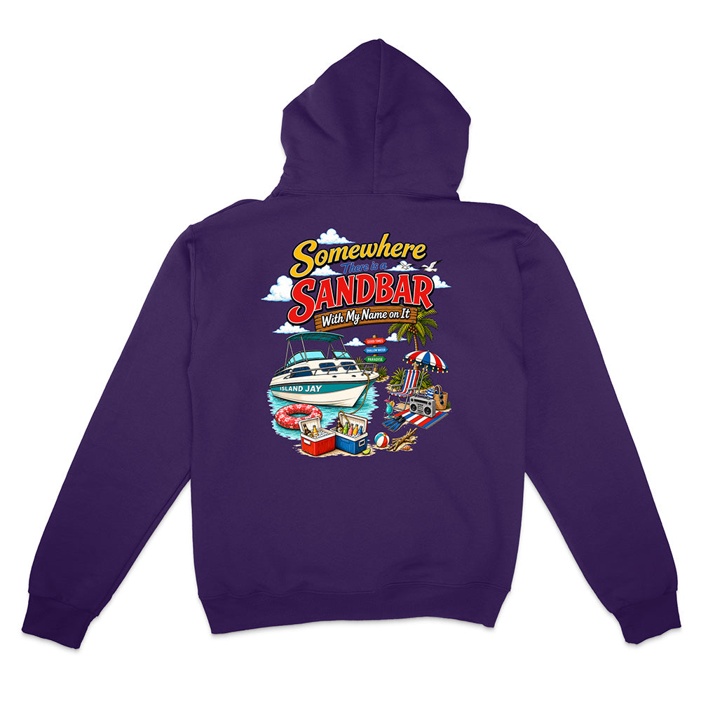 A purple pullover hoodie shown from the back, featuring a colorful graphic print with the text 'Somewhere Sandbar' and a beach-themed illustration including a boat, palm tree, and cabana.