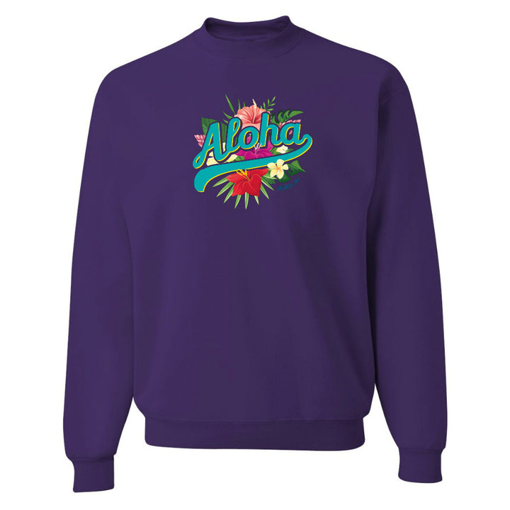 Purple sweatshirt with 'Aloha' design on a white background