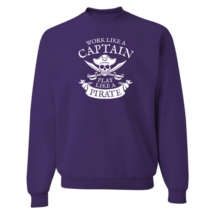 Purple sweatshirt with white graphic and text on a white background
