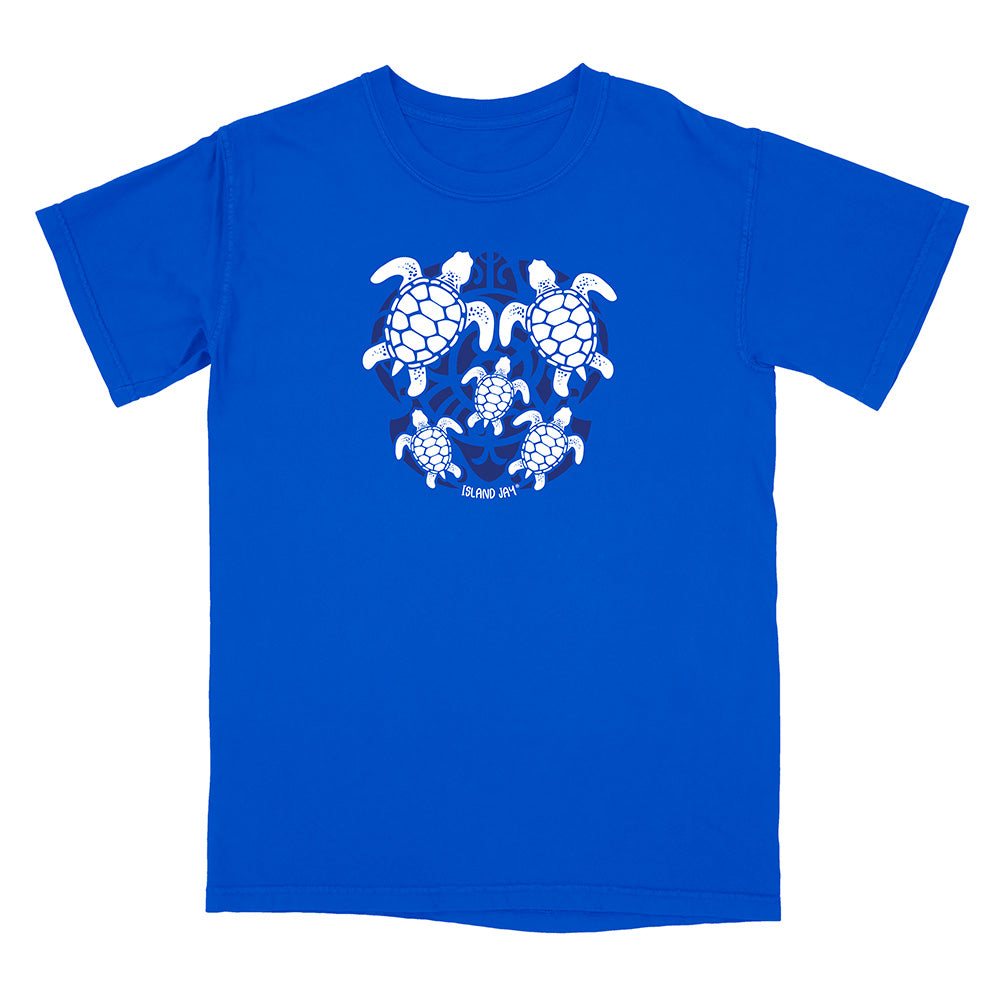 Blue t-shirt with white turtle design on a white background