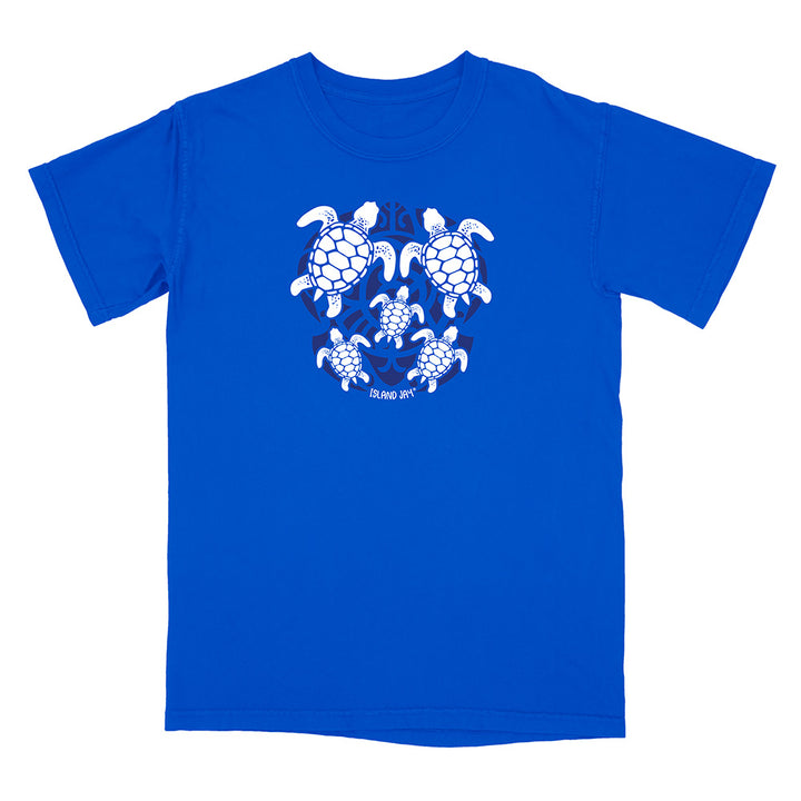 Blue t-shirt with white turtle design on a white background