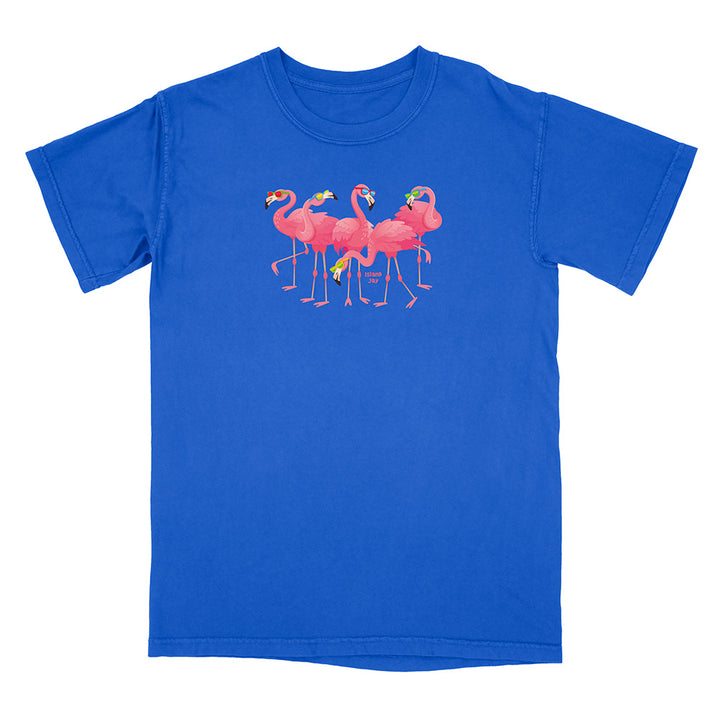 Blue t-shirt with pink flamingo design on a white background