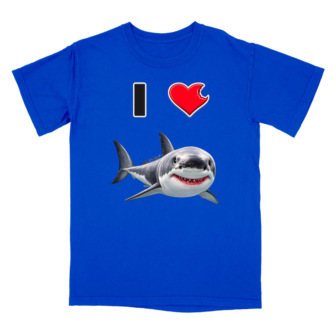 A royal blue short-sleeve t-shirt with a graphic print on the front showing a black and white 'I' followed by a red heart and a cartoon shark.