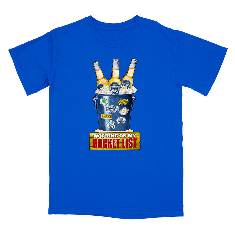 Blue t-shirt with a graphic of a bucket of beer and 'Working on my Bucket List' text.