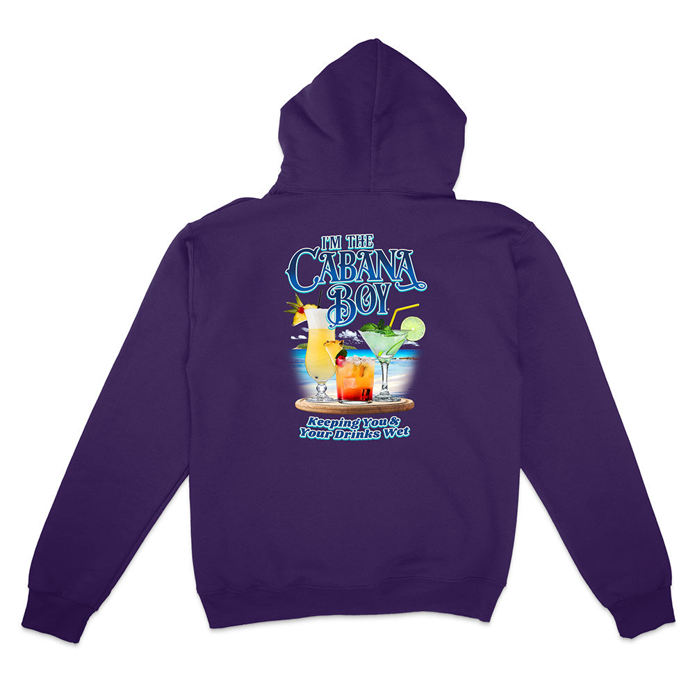 Purple hoodie with a colorful cocktail and beach graphic and text on the back reading "I'm The cabana boy Keeping You & Your Drinks Wet", displayed on a white background.