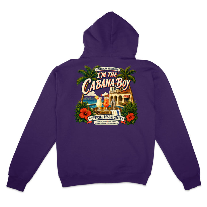 A black pullover hoodie shown from the back, featuring a large graphic print with the words 'ISLAND JAY' in red, a vintage airplane over a tropical sunset, and a banner reading 'Find Your Purpose'.