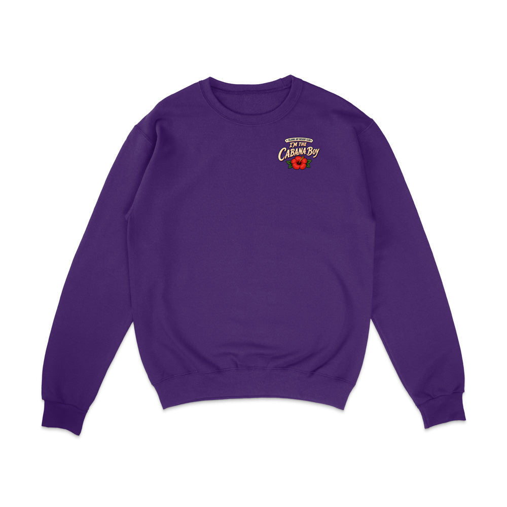 A purple crewneck sweatshirt with a small graphic on the left chest reading 'Proudly Colorful California' in yellow and red with a red flower, displayed on a clean white background.