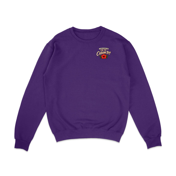 A purple crewneck sweatshirt with a small graphic on the left chest reading 'Proudly Colorful California' in yellow and red with a red flower, displayed on a clean white background.