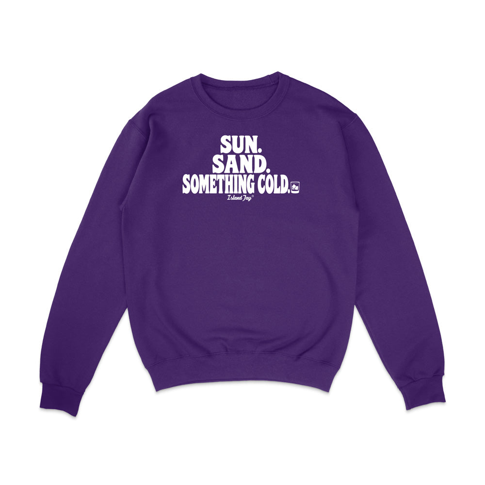 Purple sweatshirt with Sun Sand and Something Cold Design