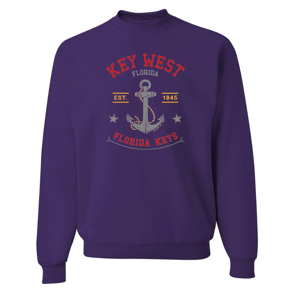 Purple sweatshirt with 'Key West, Florida' and anchor design on a white background