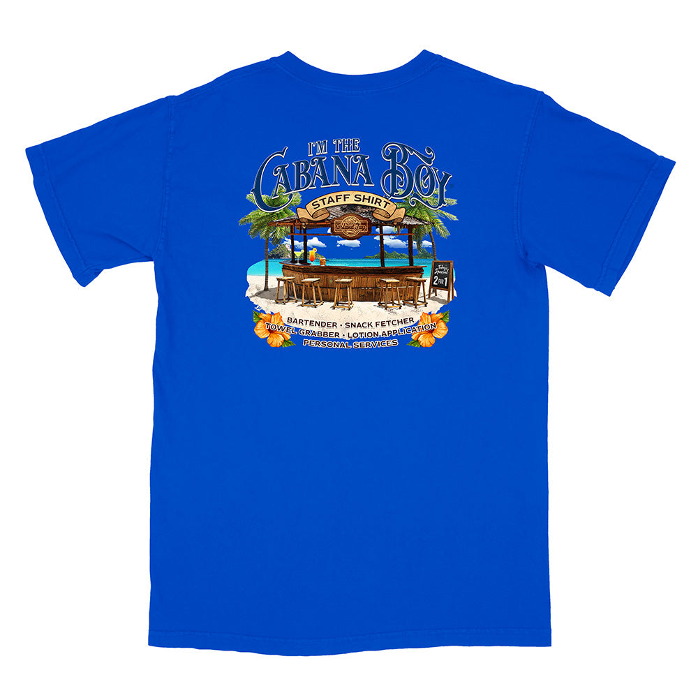 Blue t-shirt with 'I'm the Cabana Boy Staff Shirt' graphic on a white background