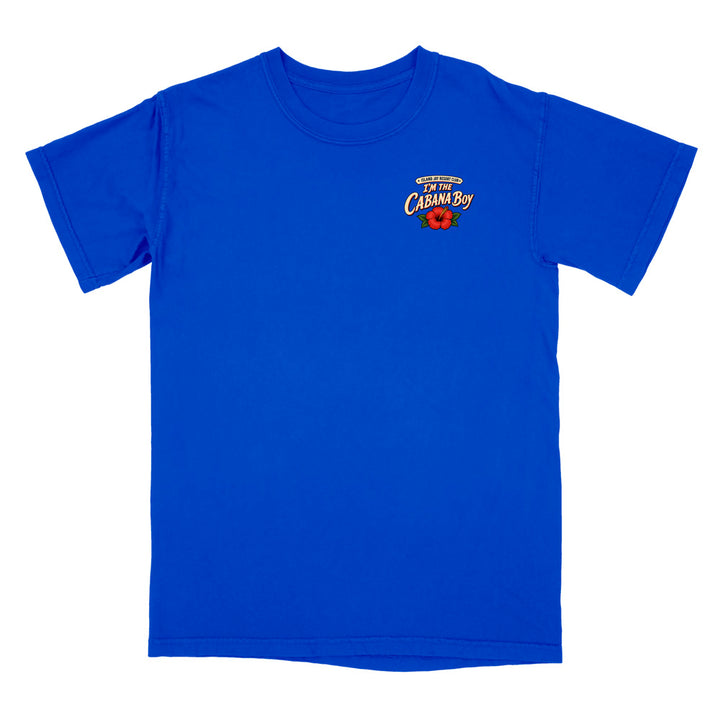 A royal blue short-sleeve crewneck t-shirt with a small graphic on the left chest that reads 'Welcome to Cabot Bay' in yellow and white, featuring a red and yellow sailboat illustration.