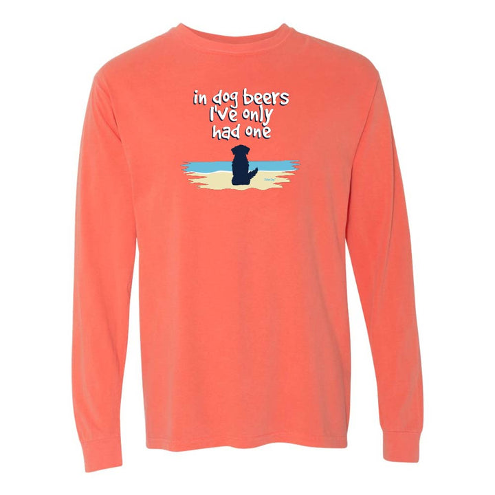 Light orange/red Long sleeve shirt with a cute dog on a beach graphic and text reading "In dog beers I've only had one".