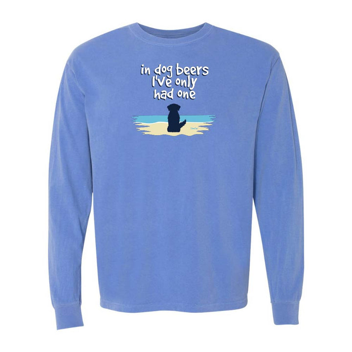 Blue Long sleeve shirt with a cute dog on a beach graphic and text reading "In dog beers I've only had one".