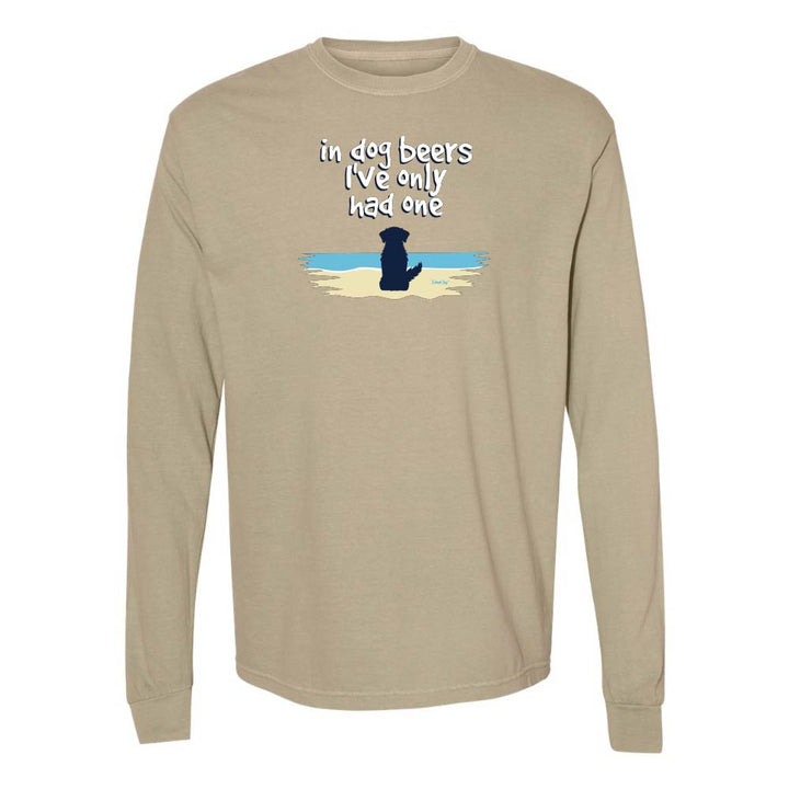 Khaki Long sleeve shirt with a cute dog on a beach graphic and text reading "In dog beers I've only had one".